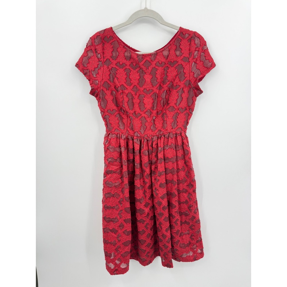 Moulinette Soeurs Anthropologie Lace Fit Flare Dress Sz 4 rubied Red Cap Sleeve